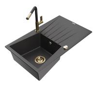 Mexen Cesar fregadero de granito de 1 cubeta con escurridor y grifo de cocina Flora, negro moteado - 6514-76-670401-57-G 21001 5905315061843