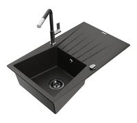 Mexen Cesar fregadero de granito de 1 cubeta con escurridor y grifo de cocina Flora, negro/oro metálico - 6514-75-670401-07-B 20992 5905315061751