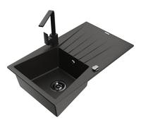 Mexen Cesar fregadero de granito de 1 cubeta con escurridor y grifo de cocina Rita, negro/metálico dorado - 6514-75-670300-70-B 17646 5905315020611