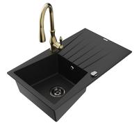 Mexen Cesar fregadero de granito de 1 cubeta con escurridor y grifo de cocina Savita, negro - 6514-77-672601-50-B 17852 5905315036056
