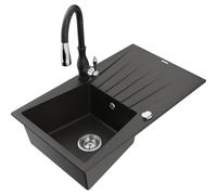 Mexen Cesar fregadero de granito de 1 cubeta con escurridor y grifo de cocina Savita, negro/metalizado dorado 17825 5905315035974