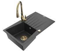 Mexen Cesar fregadero de granito de 1 cubeta con escurridor y grifo de cocina Savita, negro moteado - 6514-76-672601-50 17832 5905315035998