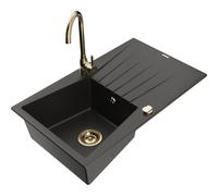 Mexen Cesar fregadero de granito de 1 cubeta con escurridor y grifo de cocina Telma, negro/dorado - 6514-75-670200-50 6320 5907709160842