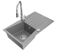 Mexen Cesar fregadero de granito de 1 cuenco con escurridor y grifo de cocina Savita, gris - 6514-71-672601-00 17796 5905315035844
