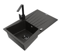 Mexen Cesar fregadero de granito de 1 lavabo con escurridor y grifo de cocina Rita, negro/oro metálico - 6514-75-670300-70-B 17646 5905315020611