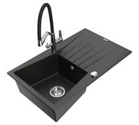 Mexen Cesar fregadero de granito de 1 seno con escurridor y grifo de cocina Duo, negro/dorado metálico - 6514-75-671701-07 22903 5905315102454