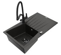 Mexen Cesar fregadero de granito de 1 seno con escurridor y grifo de cocina Duo, negro/dorado metálico - 6514-75-671701-70-B 22907 5905315102492