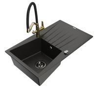 Mexen Cesar fregadero de granito de 1 seno con escurridor y grifo de cocina Duo, negro/dorado metálico - 6514-75-671701-57-B 22906 5905315102485