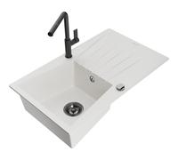 Mexen Cesar fregadero de granito de 1 seno con escurridor y grifo de cocina Flora, blanco - 6514-20-670401-70-B 20969 5905315061522