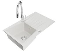 Mexen Cesar fregadero de granito de 1 seno con escurridor y grifo de cocina Savita, blanco - 6514-20-672601-00 17760 5905315035769
