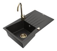 Mexen Cesar fregadero de granito de 1 seno con escurridor y grifo de cocina Telma, negro/oro - 6514-75-670200-50 6320 5907709160842