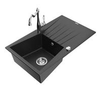 Mexen Cesar fregadero de granito de 1 tazón con escurridor y grifo de cocina Carla, negro/plateado metálico 18439 5905315041036