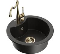 Mexen Diego fregadero de granito de un seno con grifo de cocina Carla, negro/oro metálico - 6512-75-670700-50 18201 5905315040442