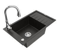 Mexen Elias fregadero de granito 1-cubeta con escurridor y grifo de cocina Savita, negro/dorado metálico- 6511-75-672601-00 17667 5905315034977