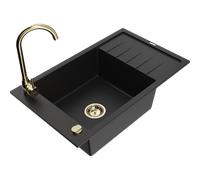 Mexen Elias fregadero de granito de 1 compartimento con escurridor y grifo de cocina Telma, negro - 6511-77-670200-50 6280 5907709160446