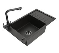 Mexen Elias fregadero de granito de 1 cubeta con escurridor y grifo de cocina Duero, negro/oro metalizado - 6511-75-671600-70-B 18009 5905315024770