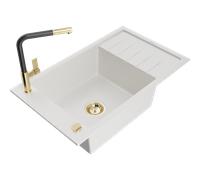 Mexen Elias fregadero de granito de 1 cubeta con escurridor y grifo de cocina Flora, blanco - 6511-20-670401-57-G 20809 5905315060006