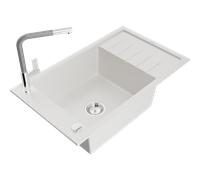Mexen Elias fregadero de granito de 1 cubeta con escurridor y grifo de cocina Flora, blanco - 6511-20-670401-06 20806 5905315059970