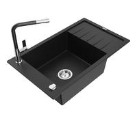 Mexen Elias fregadero de granito de 1 cubeta con escurridor y grifo de cocina Flora, negro - 6511-77-670401-07 20849 5905315060402