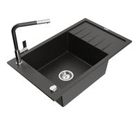 Mexen Elias fregadero de granito de 1 cubeta con escurridor y grifo de cocina Flora, negro/dorado metálico - 6511-75-670401-07 20833 5905315060242