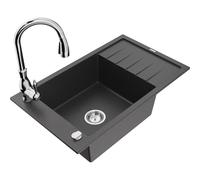 Mexen Elias fregadero de granito de 1 cubeta con escurridor y grifo de cocina Savita, negro moteado - 6511-76-672601-00 17677 5905315035028