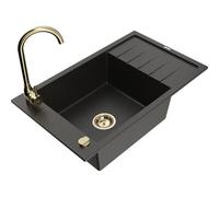 Mexen Elias fregadero de granito de 1 cubeta con escurridor y grifo de cocina Telma, negro/dorado - 6511-75-670200-50 6275 5907709160385
