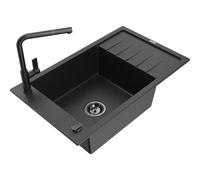 Mexen Elias fregadero de granito de 1 cuenco con escurridor y grifo de cocina Flora, negro/dorado metálico 20837 5905315060280