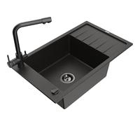 Mexen Elias fregadero de granito de 1 seno con escurridor y grifo de cocina Duero, negro/dorado metálico - 6511-75-671600-70-B 18009 5905315024770