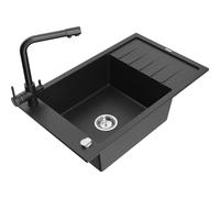 Mexen Elias fregadero de granito de 1 seno con escurridor y grifo de cocina Duero, negro/metálico plateado - 6511-73-671600-70 17997 5905315024732