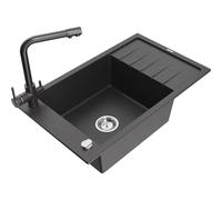 Mexen Elias fregadero de granito de 1 seno con escurridor y grifo de cocina Duero, negro moteado - 6511-76-671600-76 18030 5905315024831