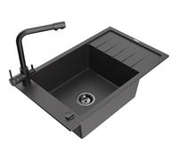 Mexen Elias fregadero de granito de 1 seno con escurridor y grifo de cocina Duero, negro moteado - 6511-76-671600-70-B 18027 5905315024824