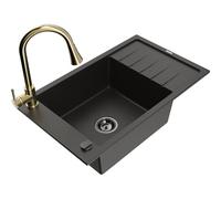 Mexen Elias fregadero de granito de 1 seno con escurridor y grifo de cocina Elia, negro/oro metálico - 6511-75-670101-50-B 19854 5905315029881