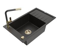 Mexen Elias fregadero de granito de 1 seno con escurridor y grifo de cocina Flora, negro/dorado metálico - 6511-75-670401-57-G 20835 5905315060266