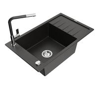 Mexen Elias fregadero de granito de 1 seno con escurridor y grifo de cocina Flora, negro/dorado metálico - 6511-75-670401-07 20833 5905315060242