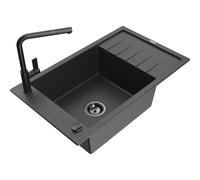 Mexen Elias fregadero de granito de 1 seno con escurridor y grifo de cocina Flora, negro moteado - 6511-76-670401-70-B 20845 5905315060365