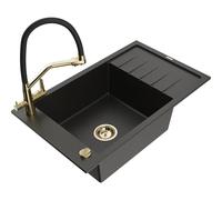 Mexen Elias fregadero de granito de 1 senos con escurridor y grifo de cocina Duo, negro/dorado metálico - 6511-75-671701-57-G 22797 5905315101396