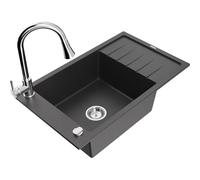 Mexen Elias fregadero de granito de 1 tazón con escurridor y grifo de cocina Elia, negro moteado - 6511-76-670101-00 19857 5905315029911