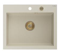 Mexen Elix fregadero de granito de 1 cubeta 600 x 500 mm, beige, sifón dorado - 6525601005-69-G 66148 5905315586940