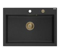 Mexen Elix fregadero de granito de 1 cubeta 700 x 500 mm, negro/plata metalizada, sifón dorado - 6526701005-73-G 66194 5905315587039