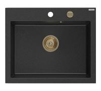 Mexen Elix fregadero de granito de 1 seno 600 x 500 mm, negro/plateado metálico, sifón dorado - 6525601005-73-G 66151 5905315586964