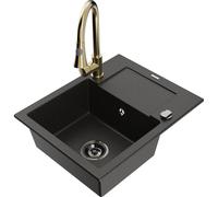 Mexen Enzo fregadero de granito 1-cubeta con escurridor y grifo de cocina Elia, negro/oro metálico - 6506-75-670101-50-B 19669 5905315028921