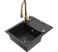 Mexen Enzo fregadero de granito 1-cubeta con escurridor y grifo de cocina Savita, negro/dorado metálico - 6506-75-672601-50-B 17391 5905315034045