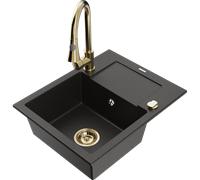 Mexen Enzo fregadero de granito con 1 seno, escurridor y grifo de cocina Elia, negro/dorado metálico - 6506-75-670101-50 19668 5905315028914
