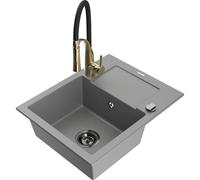 Mexen Enzo fregadero de granito de 1 cubeta con escurridor y grifo de cocina Aster, gris - 6506-71-73450-57-B 19036 5905315044778