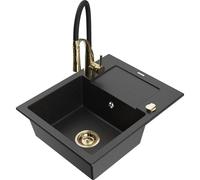 Mexen Enzo fregadero de granito de 1 cubeta con escurridor y grifo de cocina Aster, negro/metálico plateado 19040 5905315044822