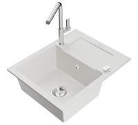 Mexen Enzo fregadero de granito de 1 cubeta con escurridor y grifo de cocina Flora, blanco - 6506-20-670401-00 20578 5905315058454