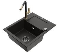 Mexen Enzo fregadero de granito de 1 cubeta con escurridor y grifo de cocina Flora, negro/dorado metálico - 6506-75-670401-57-B 20611 5905315058775
