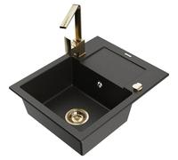 Mexen Enzo fregadero de granito de 1 cubeta con escurridor y grifo de cocina Rita, negro/oro metálico - 6506-75-670300-50 17244 5905315018670