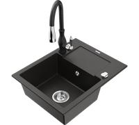 Mexen Enzo fregadero de granito de 1 cubeta con escurridor y grifo de cocina Savita, negro/dorado metálico - 6506-75-672601-70 17399 5905315034069