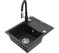 Mexen Enzo fregadero de granito de 1 cubeta con escurridor y grifo de cocina Savita, negro/plateado metálico 17387 5905315034014